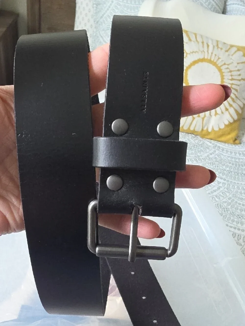 AllSaints Black Leather Rivet Belt with Gunmetal Buckle